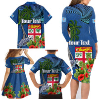 Personalised Fiji Independence Day Family Matching Long Sleeve Bodycon Dress and Hawaiian Shirt Fijian Coat of Arms Palm and Hibiscus Tapa Pattern LT03 - Polynesian Pride