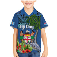 Personalised Fiji Independence Day Family Matching Mermaid Dress and Hawaiian Shirt Fijian Coat of Arms Palm and Hibiscus Tapa Pattern LT03 Son's Shirt Blue - Polynesian Pride