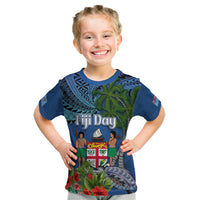 Personalised Fiji Independence Day Kid T Shirt Fijian Coat of Arms Palm and Hibiscus Tapa Pattern LT03 Blue - Polynesian Pride