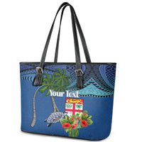 Personalised Fiji Independence Day Leather Tote Bag Fijian Coat of Arms Palm and Hibiscus Tapa Pattern LT03 - Polynesian Pride
