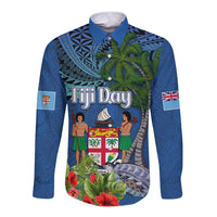 Personalised Fiji Independence Day Long Sleeve Button Shirt Fijian Coat of Arms Palm and Hibiscus Tapa Pattern LT03 Unisex Blue - Polynesian Pride