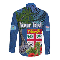Personalised Fiji Independence Day Long Sleeve Button Shirt Fijian Coat of Arms Palm and Hibiscus Tapa Pattern LT03 - Polynesian Pride