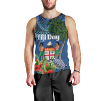 Personalised Fiji Independence Day Men Tank Top Fijian Coat of Arms Palm and Hibiscus Tapa Pattern LT03 - Polynesian Pride