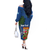 Personalised Fiji Independence Day Off The Shoulder Long Sleeve Dress Fijian Coat of Arms Palm and Hibiscus Tapa Pattern LT03 - Polynesian Pride