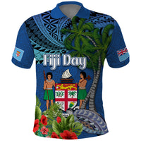 Personalised Fiji Independence Day Polo Shirt Fijian Coat of Arms Palm and Hibiscus Tapa Pattern LT03 Blue - Polynesian Pride