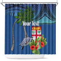 Personalised Fiji Independence Day Shower Curtain Fijian Coat of Arms Palm and Hibiscus Tapa Pattern LT03 Blue - Polynesian Pride