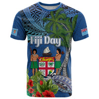 Personalised Fiji Independence Day T Shirt Fijian Coat of Arms Palm and Hibiscus Tapa Pattern LT03 Blue - Polynesian Pride
