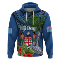 Personalised Fiji Independence Day Zip Hoodie Fijian Coat of Arms Palm and Hibiscus Tapa Pattern LT03 Pullover Hoodie Blue - Polynesian Pride