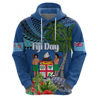 Personalised Fiji Independence Day Zip Hoodie Fijian Coat of Arms Palm and Hibiscus Tapa Pattern LT03 - Polynesian Pride