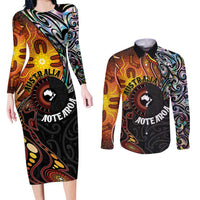 New Zealand and Australia Together Couples Matching Long Sleeve Bodycon Dress and Long Sleeve Button Shirt Maori Tattoo Paua Shell mix Aboriginal Pattern LT03 Black - Polynesian Pride
