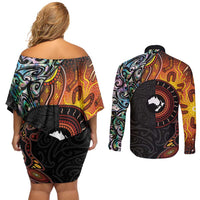 New Zealand and Australia Together Couples Matching Off Shoulder Short Dress and Long Sleeve Button Shirt Maori Tattoo Paua Shell mix Aboriginal Pattern LT03 - Polynesian Pride