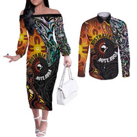 New Zealand and Australia Together Couples Matching Off The Shoulder Long Sleeve Dress and Long Sleeve Button Shirt Maori Tattoo Paua Shell mix Aboriginal Pattern LT03 Black - Polynesian Pride