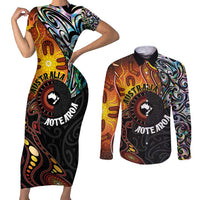 New Zealand and Australia Together Couples Matching Short Sleeve Bodycon Dress and Long Sleeve Button Shirt Maori Tattoo Paua Shell mix Aboriginal Pattern LT03 Black - Polynesian Pride
