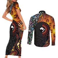 New Zealand and Australia Together Couples Matching Short Sleeve Bodycon Dress and Long Sleeve Button Shirt Maori Tattoo Paua Shell mix Aboriginal Pattern LT03 - Polynesian Pride