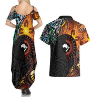 New Zealand and Australia Together Couples Matching Summer Maxi Dress and Hawaiian Shirt Maori Tattoo Paua Shell mix Aboriginal Pattern LT03 - Polynesian Pride
