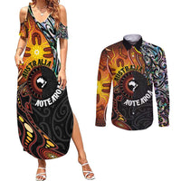 New Zealand and Australia Together Couples Matching Summer Maxi Dress and Long Sleeve Button Shirt Maori Tattoo Paua Shell mix Aboriginal Pattern LT03 Black - Polynesian Pride