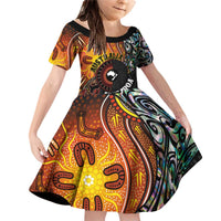 New Zealand and Australia Together Family Matching Off Shoulder Short Dress and Hawaiian Shirt Maori Tattoo Paua Shell mix Aboriginal Pattern LT03 Daughter's Dress Black - Polynesian Pride