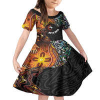 New Zealand and Australia Together Family Matching Tank Maxi Dress and Hawaiian Shirt Maori Tattoo Paua Shell mix Aboriginal Pattern LT03 Daughter's Dress Black - Polynesian Pride