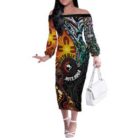 New Zealand and Australia Together Off The Shoulder Long Sleeve Dress Maori Tattoo Paua Shell mix Aboriginal Pattern LT03 Women Black - Polynesian Pride