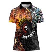 New Zealand and Australia Together Women Polo Shirt Maori Tattoo Paua Shell mix Aboriginal Pattern LT03 Female Black - Polynesian Pride