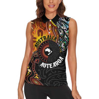 New Zealand and Australia Together Women Sleeveless Polo Shirt Maori Tattoo Paua Shell mix Aboriginal Pattern LT03 - Polynesian Pride