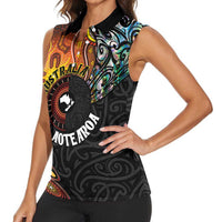 New Zealand and Australia Together Women Sleeveless Polo Shirt Maori Tattoo Paua Shell mix Aboriginal Pattern LT03 - Polynesian Pride