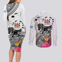 Fiji Iguana Couples Matching Long Sleeve Bodycon Dress and Long Sleeve Button Shirt Tapa Tribal Tattoo and Hibiscus LT03 - Polynesian Pride