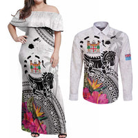 Fiji Iguana Couples Matching Off Shoulder Maxi Dress and Long Sleeve Button Shirt Tapa Tribal Tattoo and Hibiscus LT03 White - Polynesian Pride
