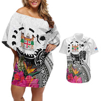 Fiji Iguana Couples Matching Off Shoulder Short Dress and Hawaiian Shirt Tapa Tribal Tattoo and Hibiscus LT03 White - Polynesian Pride