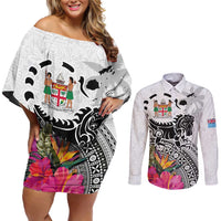Fiji Iguana Couples Matching Off Shoulder Short Dress and Long Sleeve Button Shirt Tapa Tribal Tattoo and Hibiscus LT03 White - Polynesian Pride