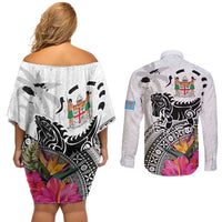 Fiji Iguana Couples Matching Off Shoulder Short Dress and Long Sleeve Button Shirt Tapa Tribal Tattoo and Hibiscus LT03 - Polynesian Pride