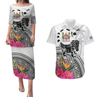 Fiji Iguana Couples Matching Puletasi and Hawaiian Shirt Tapa Tribal Tattoo and Hibiscus LT03 White - Polynesian Pride