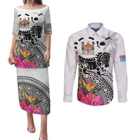 Fiji Iguana Couples Matching Puletasi and Long Sleeve Button Shirt Tapa Tribal Tattoo and Hibiscus LT03 White - Polynesian Pride