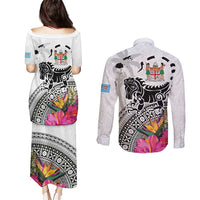 Fiji Iguana Couples Matching Puletasi and Long Sleeve Button Shirt Tapa Tribal Tattoo and Hibiscus LT03 - Polynesian Pride