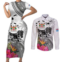 Fiji Iguana Couples Matching Short Sleeve Bodycon Dress and Long Sleeve Button Shirt Tapa Tribal Tattoo and Hibiscus LT03 White - Polynesian Pride