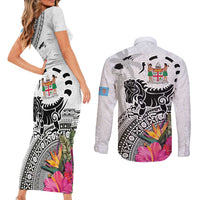 Fiji Iguana Couples Matching Short Sleeve Bodycon Dress and Long Sleeve Button Shirt Tapa Tribal Tattoo and Hibiscus LT03 - Polynesian Pride