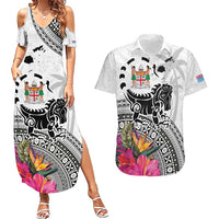 Fiji Iguana Couples Matching Summer Maxi Dress and Hawaiian Shirt Tapa Tribal Tattoo and Hibiscus LT03 White - Polynesian Pride