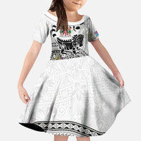Fiji Iguana Family Matching Off The Shoulder Long Sleeve Dress and Hawaiian Shirt Tapa Tribal Tattoo and Hibiscus LT03 Daughter's Dress White - Polynesian Pride