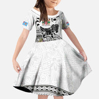 Fiji Iguana Family Matching Off Shoulder Maxi Dress and Hawaiian Shirt Tapa Tribal Tattoo and Hibiscus LT03 Daughter's Dress White - Polynesian Pride