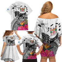 Fiji Iguana Family Matching Off Shoulder Short Dress and Hawaiian Shirt Tapa Tribal Tattoo and Hibiscus LT03 - Polynesian Pride
