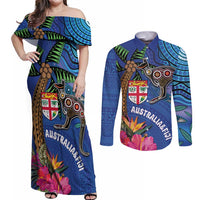 Fiji and Australia Together Couples Matching Off Shoulder Maxi Dress and Long Sleeve Button Shirt Aboriginal Kangaroo and Tapa Tribal Hibiscus LT03 Blue - Polynesian Pride