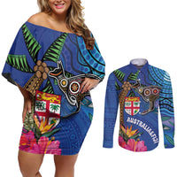 Fiji and Australia Together Couples Matching Off Shoulder Short Dress and Long Sleeve Button Shirt Aboriginal Kangaroo and Tapa Tribal Hibiscus LT03 Blue - Polynesian Pride