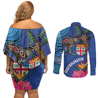 Fiji and Australia Together Couples Matching Off Shoulder Short Dress and Long Sleeve Button Shirt Aboriginal Kangaroo and Tapa Tribal Hibiscus LT03 - Polynesian Pride