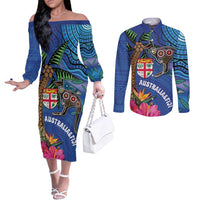 Fiji and Australia Together Couples Matching Off The Shoulder Long Sleeve Dress and Long Sleeve Button Shirt Aboriginal Kangaroo and Tapa Tribal Hibiscus LT03 Blue - Polynesian Pride