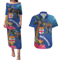Fiji and Australia Together Couples Matching Puletasi and Hawaiian Shirt Aboriginal Kangaroo and Tapa Tribal Hibiscus LT03 Blue - Polynesian Pride