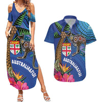 Fiji and Australia Together Couples Matching Summer Maxi Dress and Hawaiian Shirt Aboriginal Kangaroo and Tapa Tribal Hibiscus LT03 Blue - Polynesian Pride