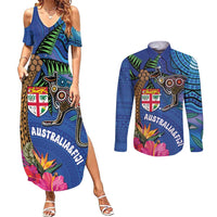 Fiji and Australia Together Couples Matching Summer Maxi Dress and Long Sleeve Button Shirt Aboriginal Kangaroo and Tapa Tribal Hibiscus LT03 Blue - Polynesian Pride