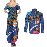 Fiji and Australia Together Couples Matching Summer Maxi Dress and Long Sleeve Button Shirt Aboriginal Kangaroo and Tapa Tribal Hibiscus LT03 - Polynesian Pride