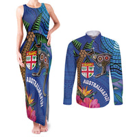 Fiji and Australia Together Couples Matching Tank Maxi Dress and Long Sleeve Button Shirt Aboriginal Kangaroo and Tapa Tribal Hibiscus LT03 Blue - Polynesian Pride
