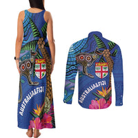 Fiji and Australia Together Couples Matching Tank Maxi Dress and Long Sleeve Button Shirt Aboriginal Kangaroo and Tapa Tribal Hibiscus LT03 - Polynesian Pride